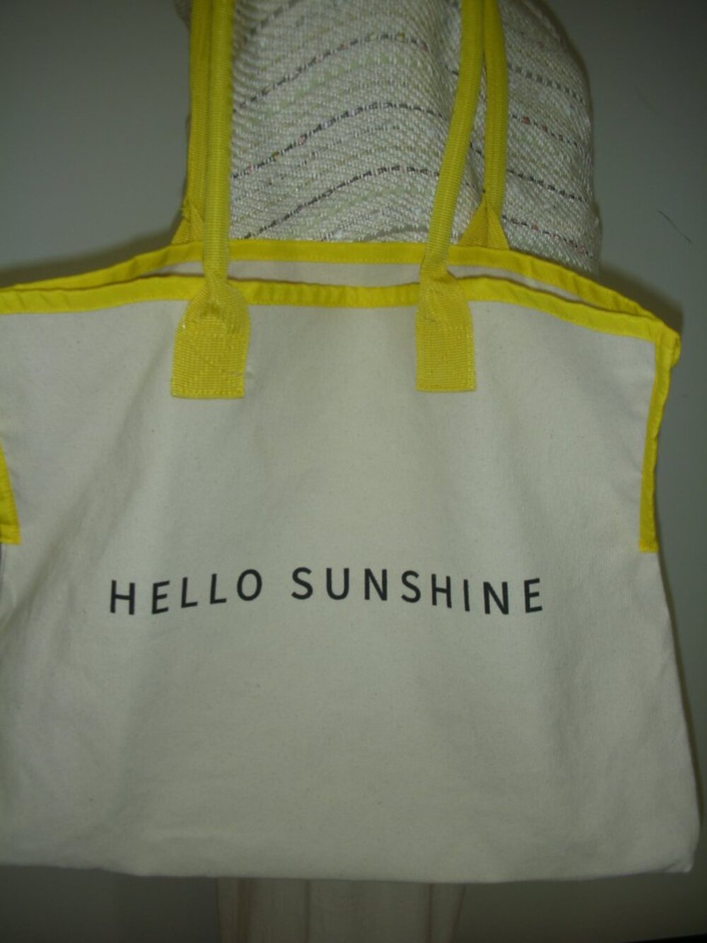 Hello Sunshine Canvas Tote Bag Yellow Trim Beach Market Tote Large Shopper